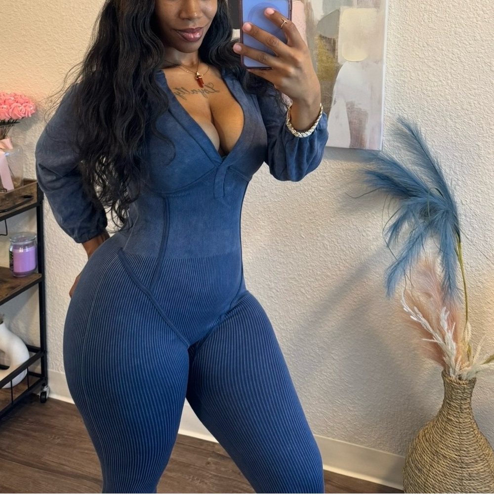 Blue Ribbed Jumpsuit